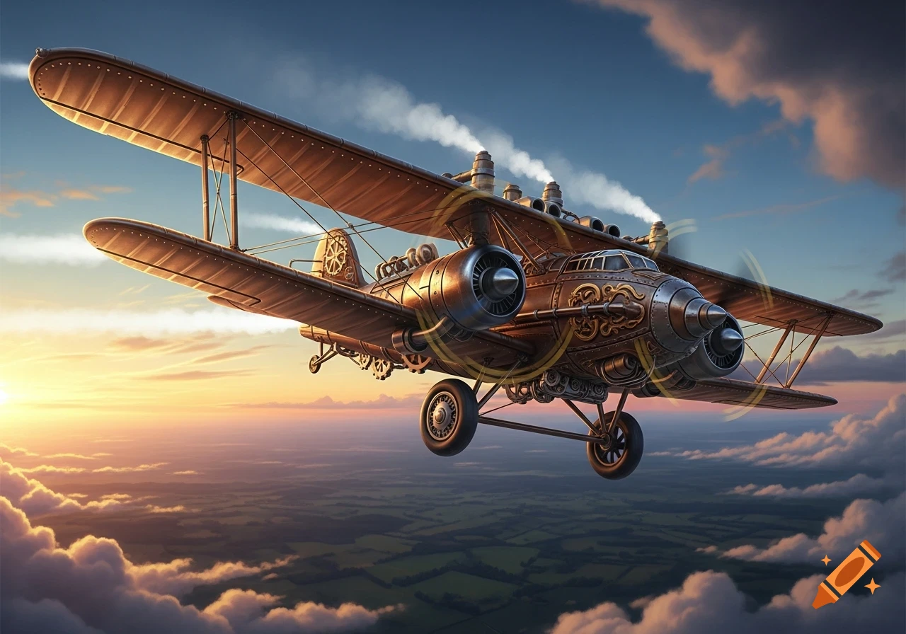 A detailed steampunk biplane with spinning propellers and smoking chimneys flies high above green fields and clouds during a golden sunset.