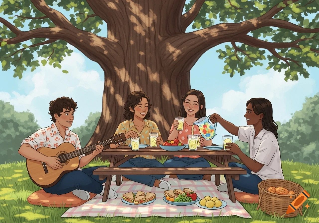 Illustration of four friends picnicking under a tree, one playing guitar, another pouring lemonade.