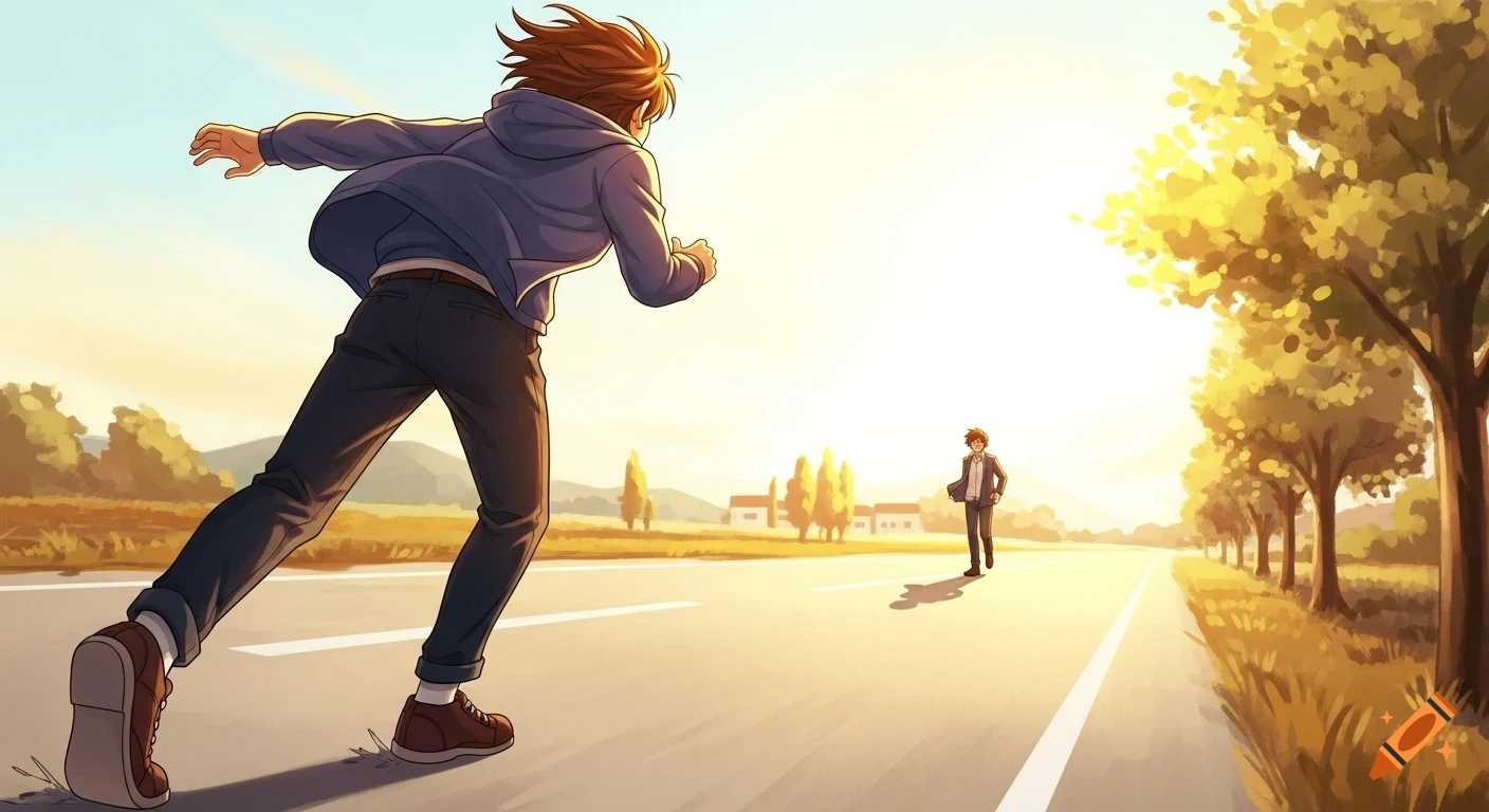 An anime-style illustration of a person running on a road towards another person in the distance under a warm, sunny sky.