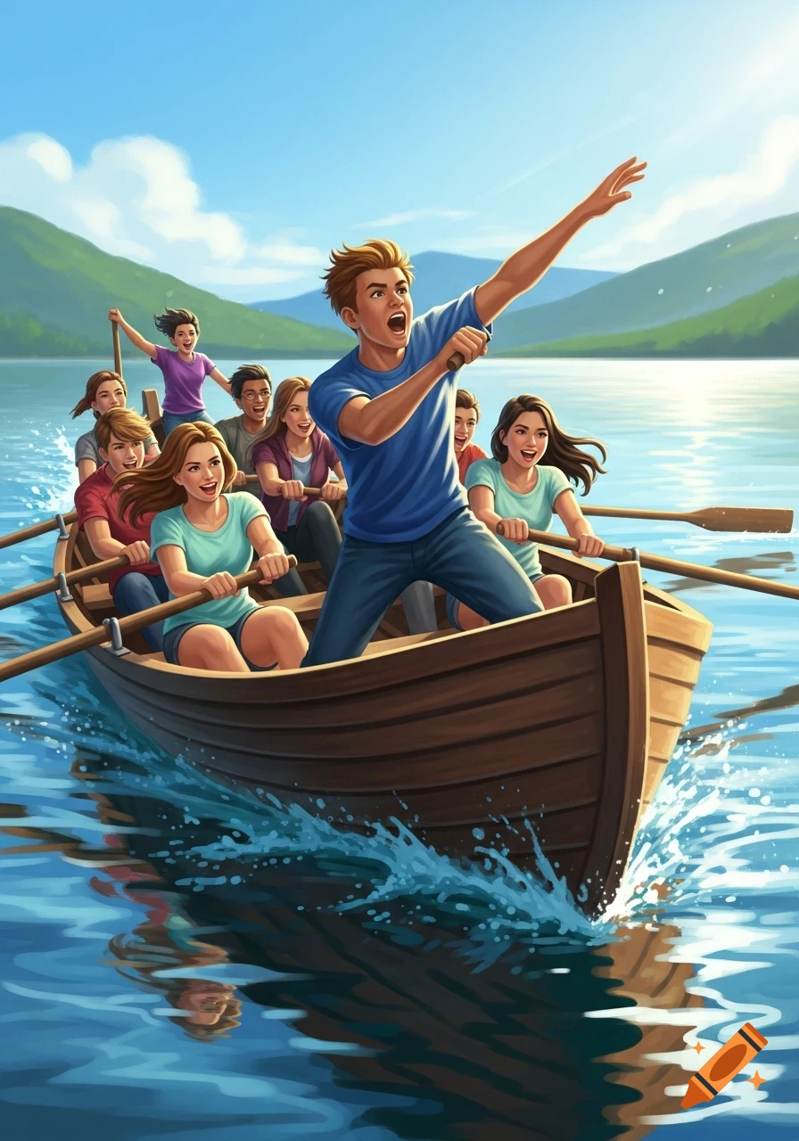 A vibrant illustration of a group of young people excitedly rowing a wooden boat on a sunny lake with mountains in the background.