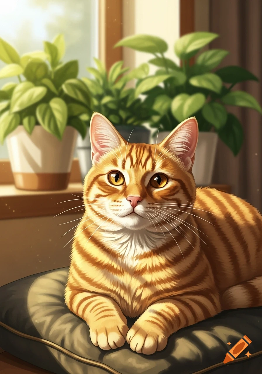 An orange tabby cat with amber eyes rests on a dark cushion by a sunny ...