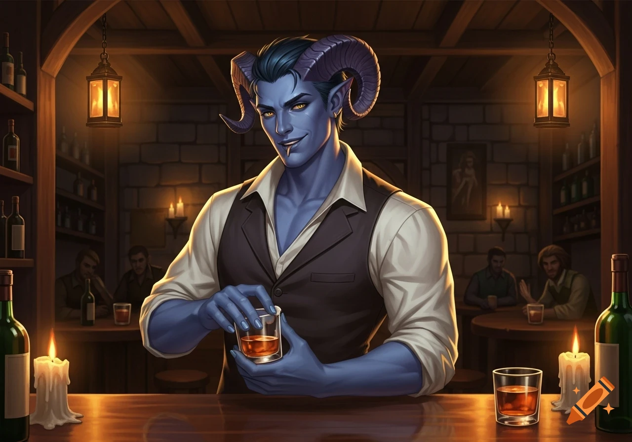 Blue-skinned horned man with a playful grin stands behind a bar holding a whiskey glass in a digital art style.