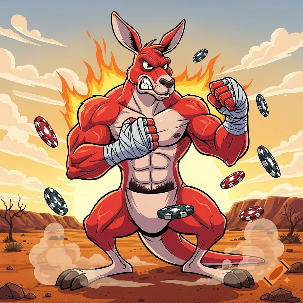 A muscular, angry red kangaroo in a boxing stance with hand wraps, set against a fiery Australian outback background, with poker chips flying around in a cartoon style.