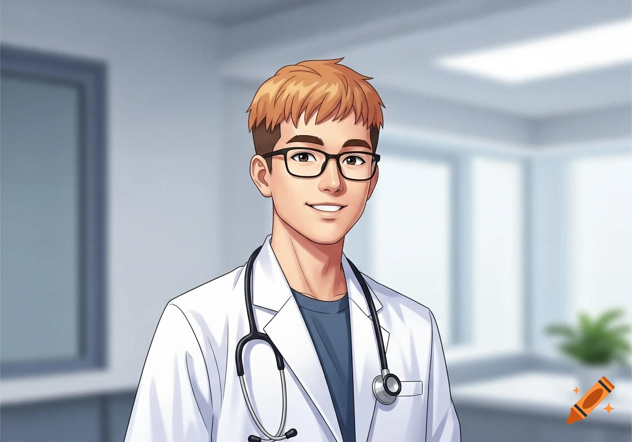 Anime-style portrait of a smiling male doctor with orange-blonde hair and glasses, wearing a lab coat and stethoscope.