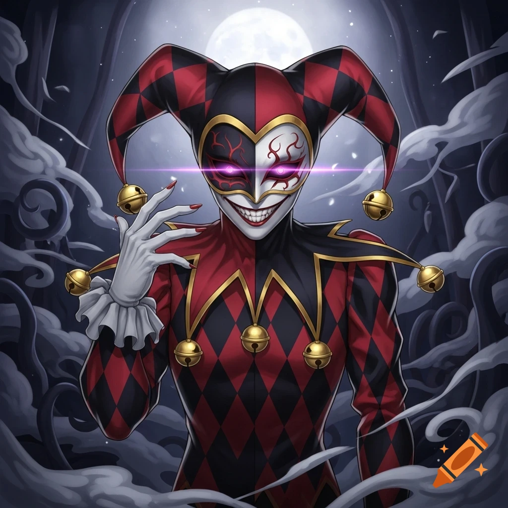 An anime jester in a red and black harlequin costume with a wicked smile and glowing purple eyes against a full moon and cloudy sky.