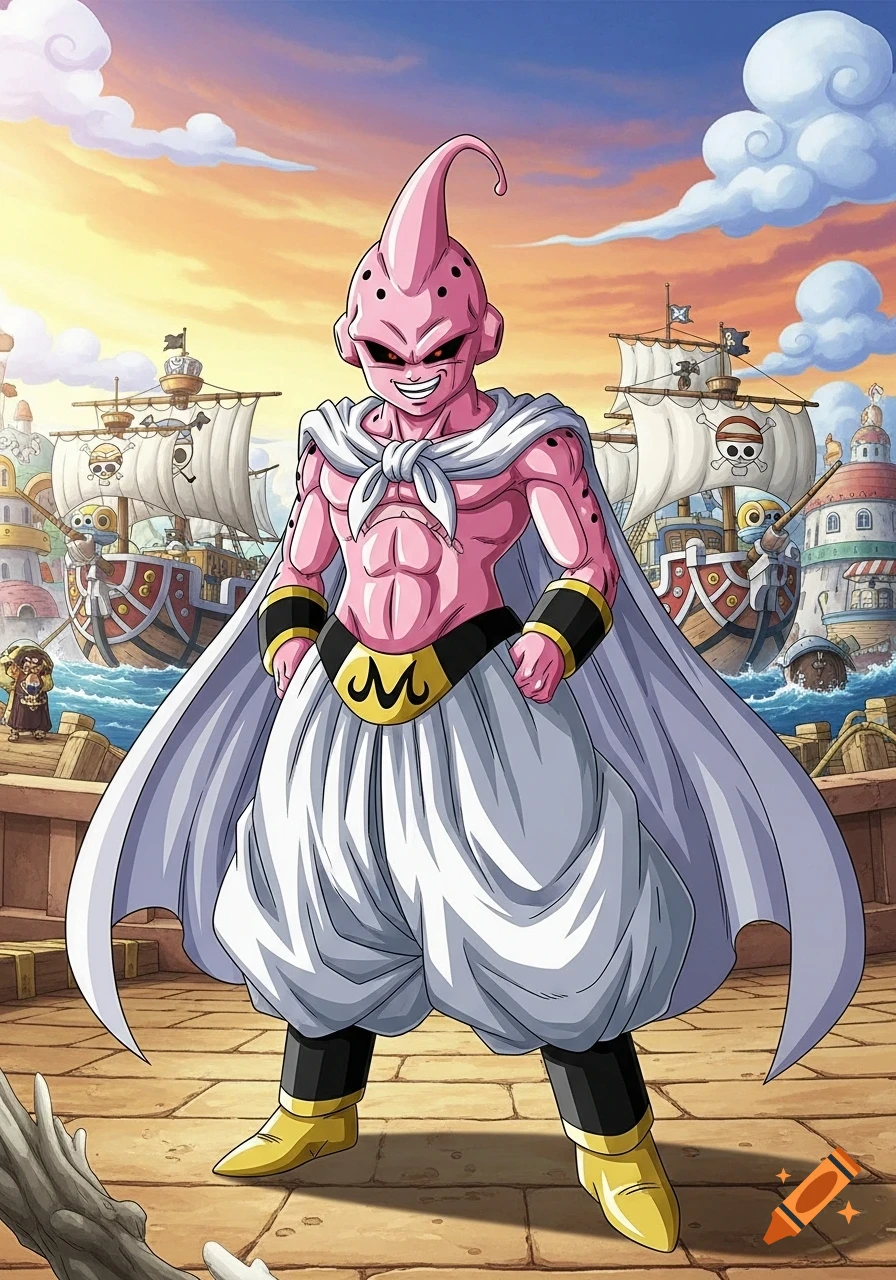 Kid Buu stands on a dock with a menacing grin, wearing a white cape and baggy pants, with One Piece-style ships and buildings in the background.