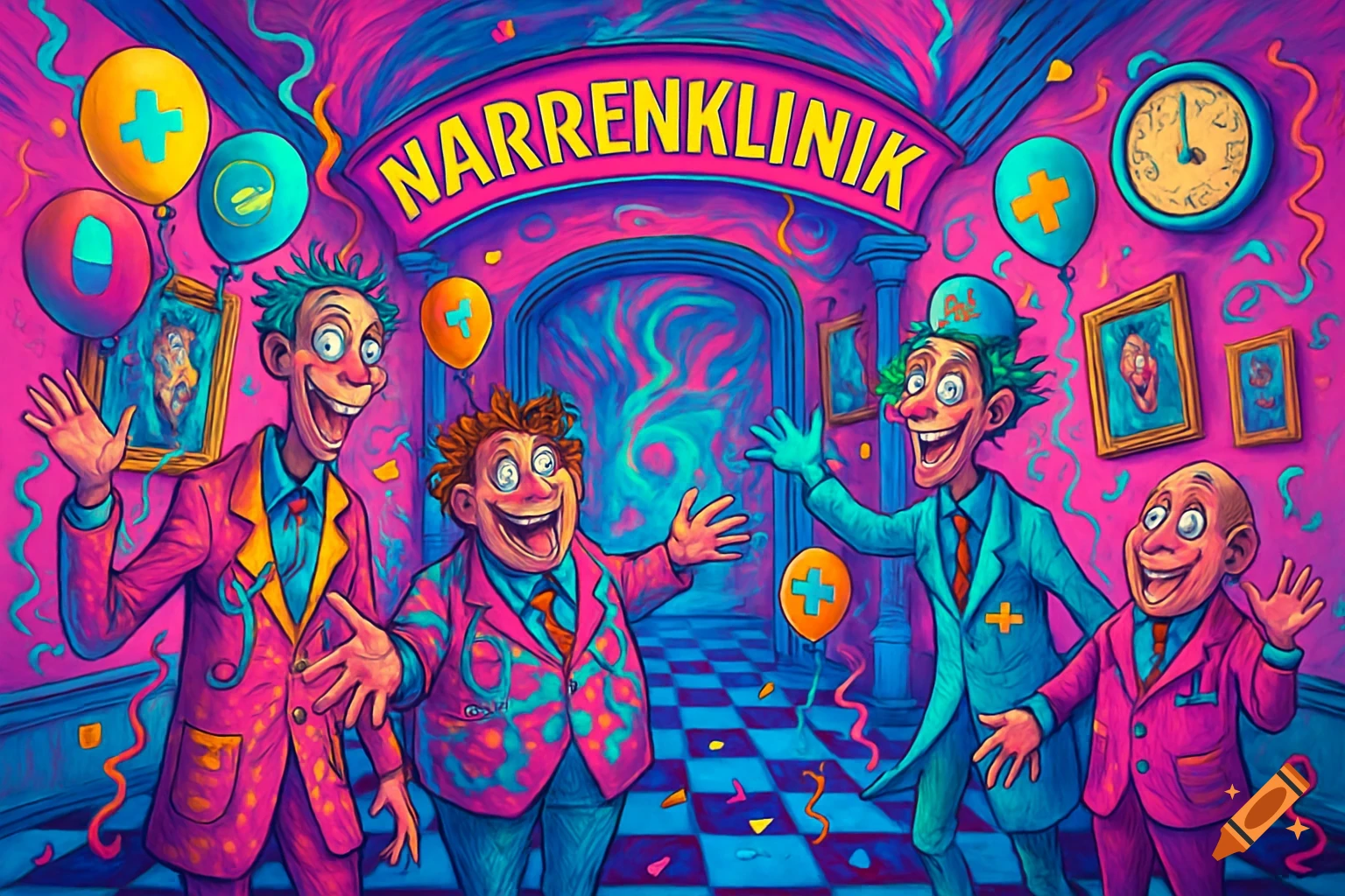 Four grinning cartoon characters in colorful suits stand in a vibrant pink and blue hall with "NARRENKLINIK" text, confetti, and balloons.