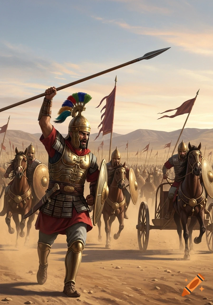 A soldier in golden armor and colorful helmet raises a spear, leading an army of horsemen and chariots in a desert battle.