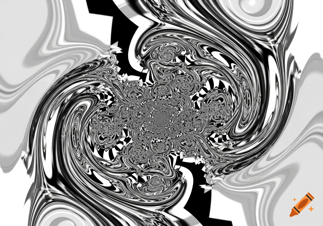 Abstract black and white image with intricate swirling fractal patterns and checkerboard details.