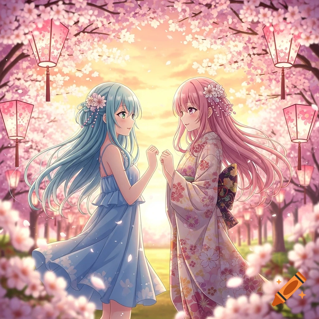Two anime girls, one with blue hair and a dress, the other with pink hair and a kimono, stand in a cherry blossom garden with lanterns.
