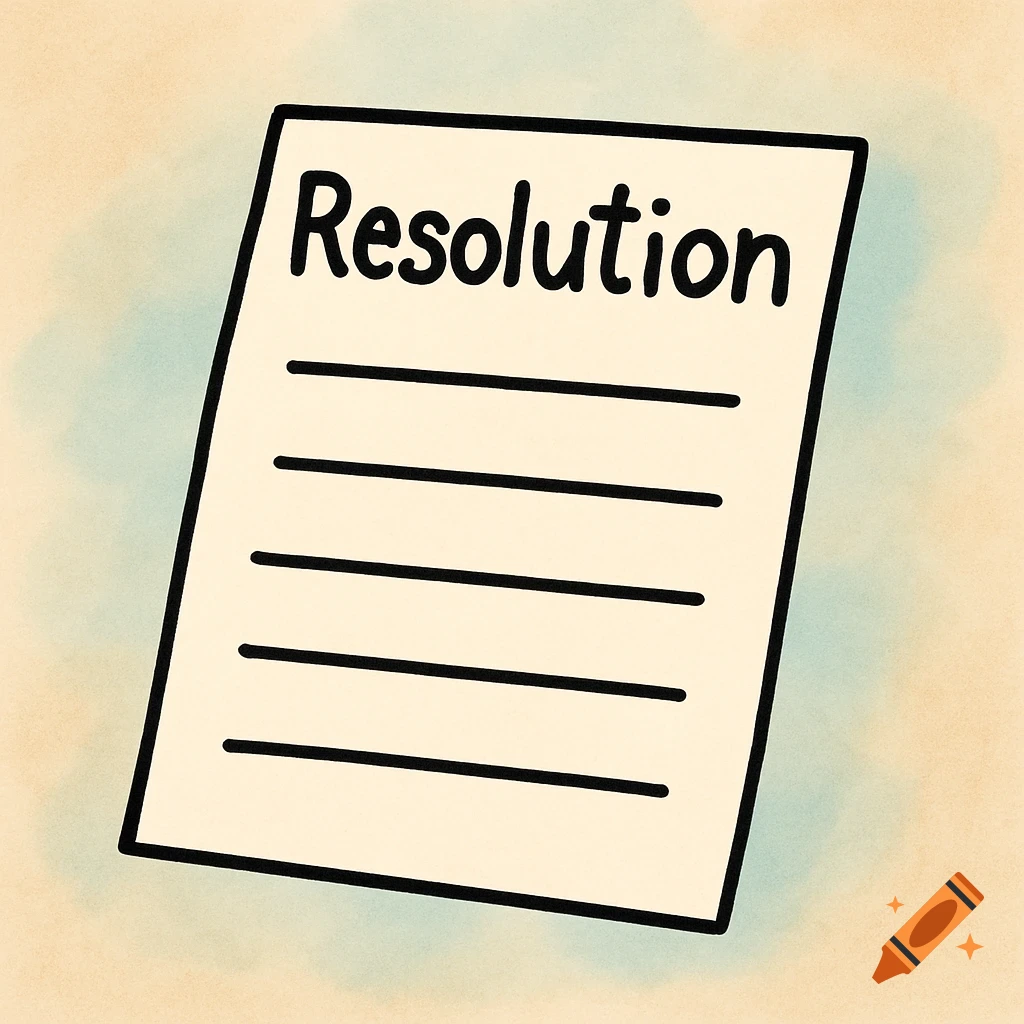 A simple cartoon illustration of a sheet of paper with 'Resolution' written at the top and five blank lines below.