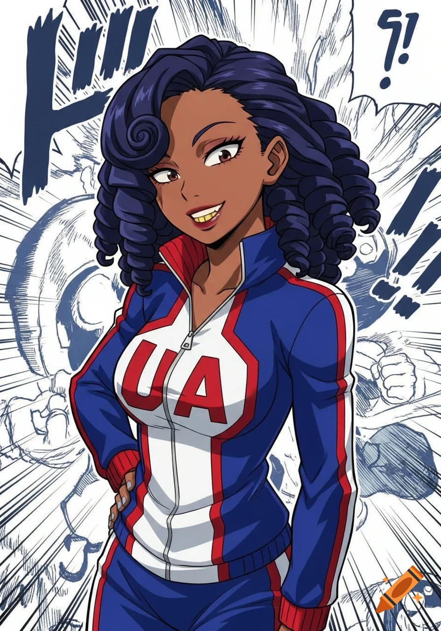 Anime character with dark skin, indigo curly hair, gold grills smile, wearing a blue and white UA gym uniform, manga background.