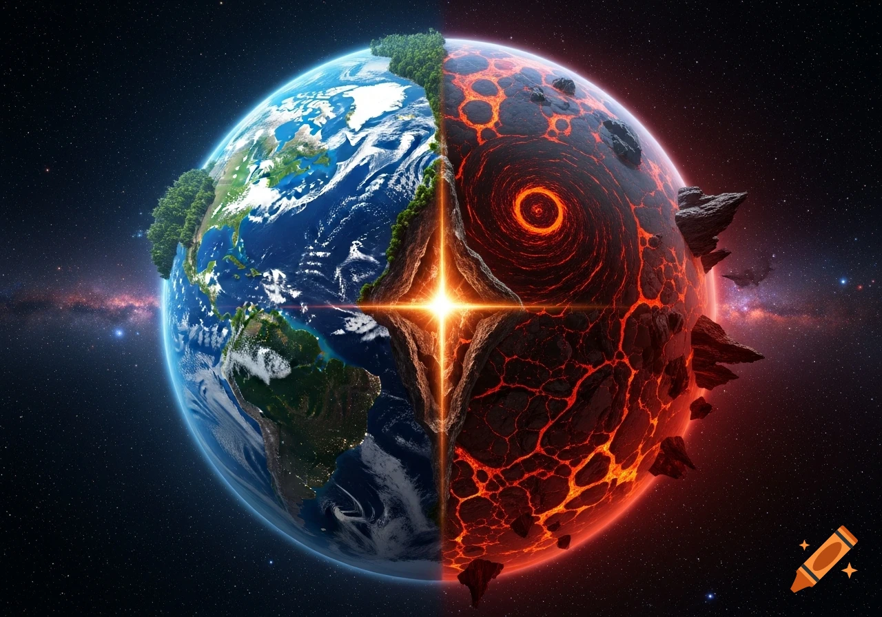 Earth split in half, one side lush and green with blue oceans, the other fiery and volcanic with lava, glowing brightly in space.