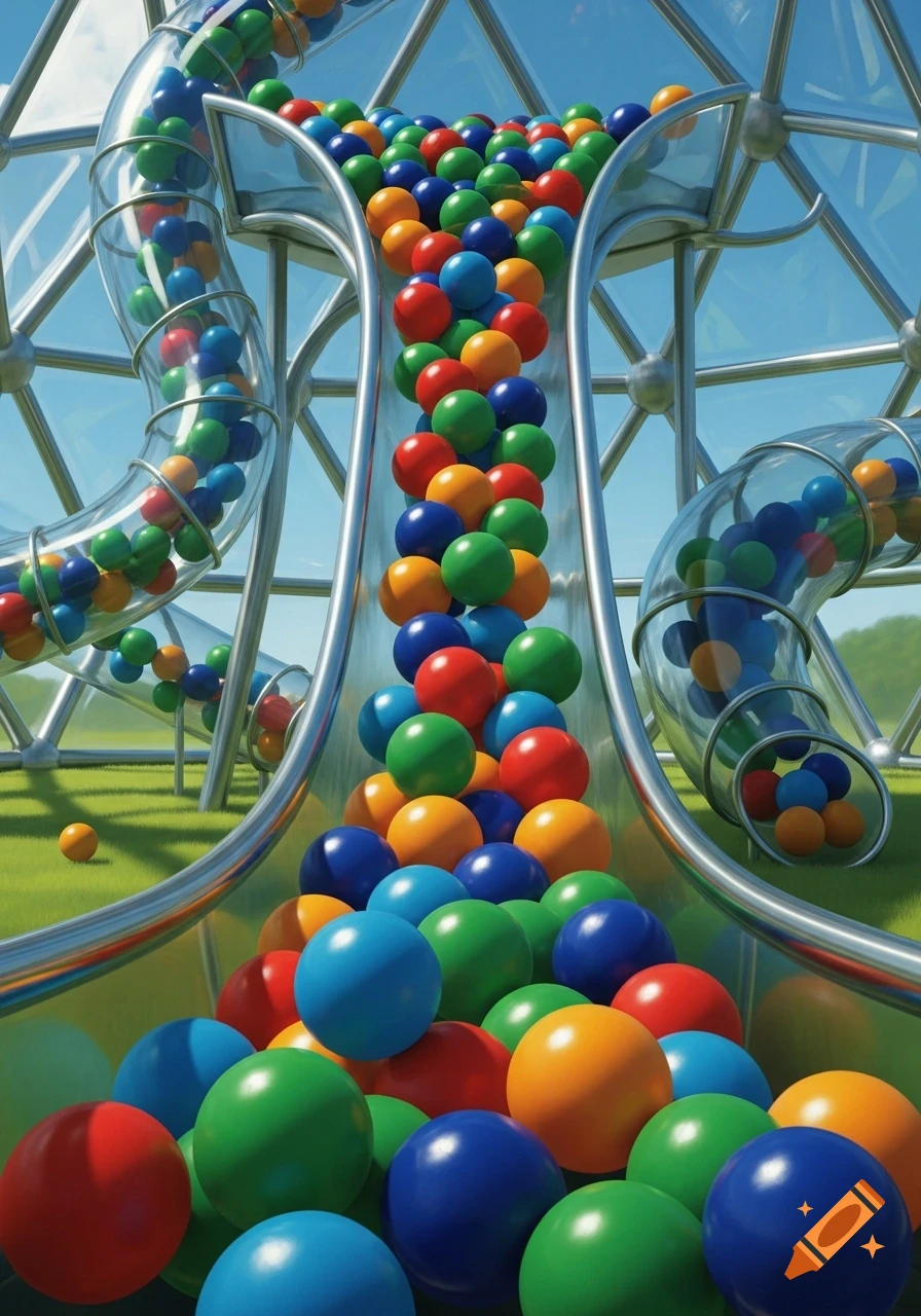 Many colorful plastic balls spill out of clear slides and tubes in an outdoor playground structure.