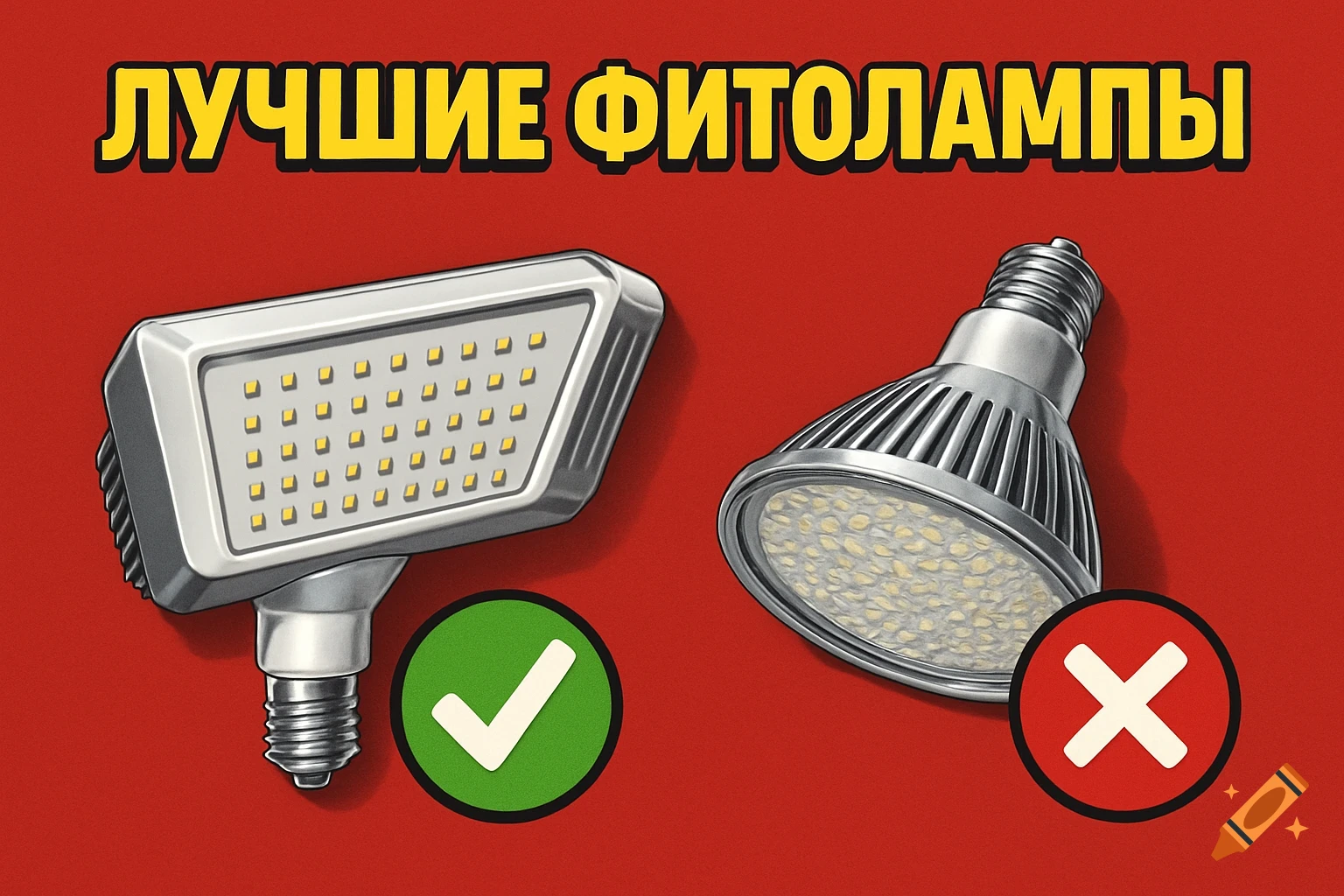 Illustration of two grow lights on a red background, one with a green checkmark and the other with a red cross, with text 'Best Phytolamps'.