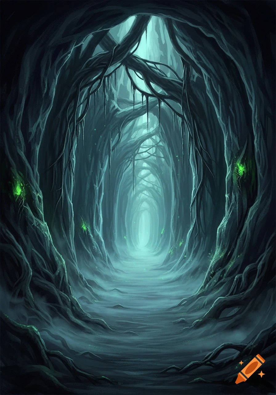 An eerie fantasy cave tunnel with dense fog, hanging roots, and glowing green light, rendered in a Magic the Gathering style.
