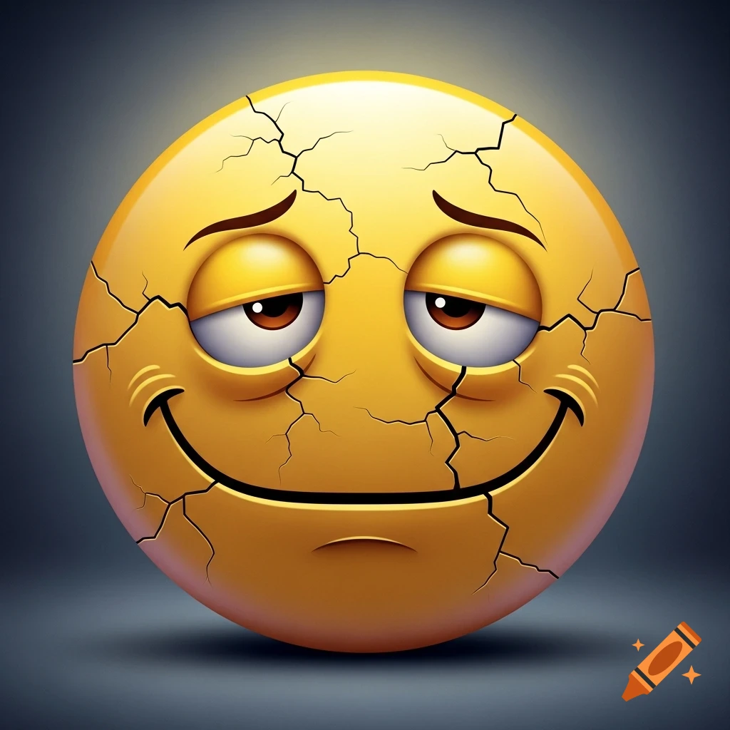 A cracked yellow smiley face emoji with dark markings under its eyes, looking strained and exhausted.