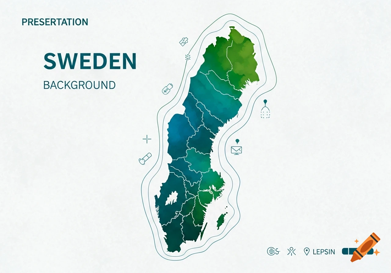 Clean, colorful presentation background with a watercolor map of Sweden, text, and icons.