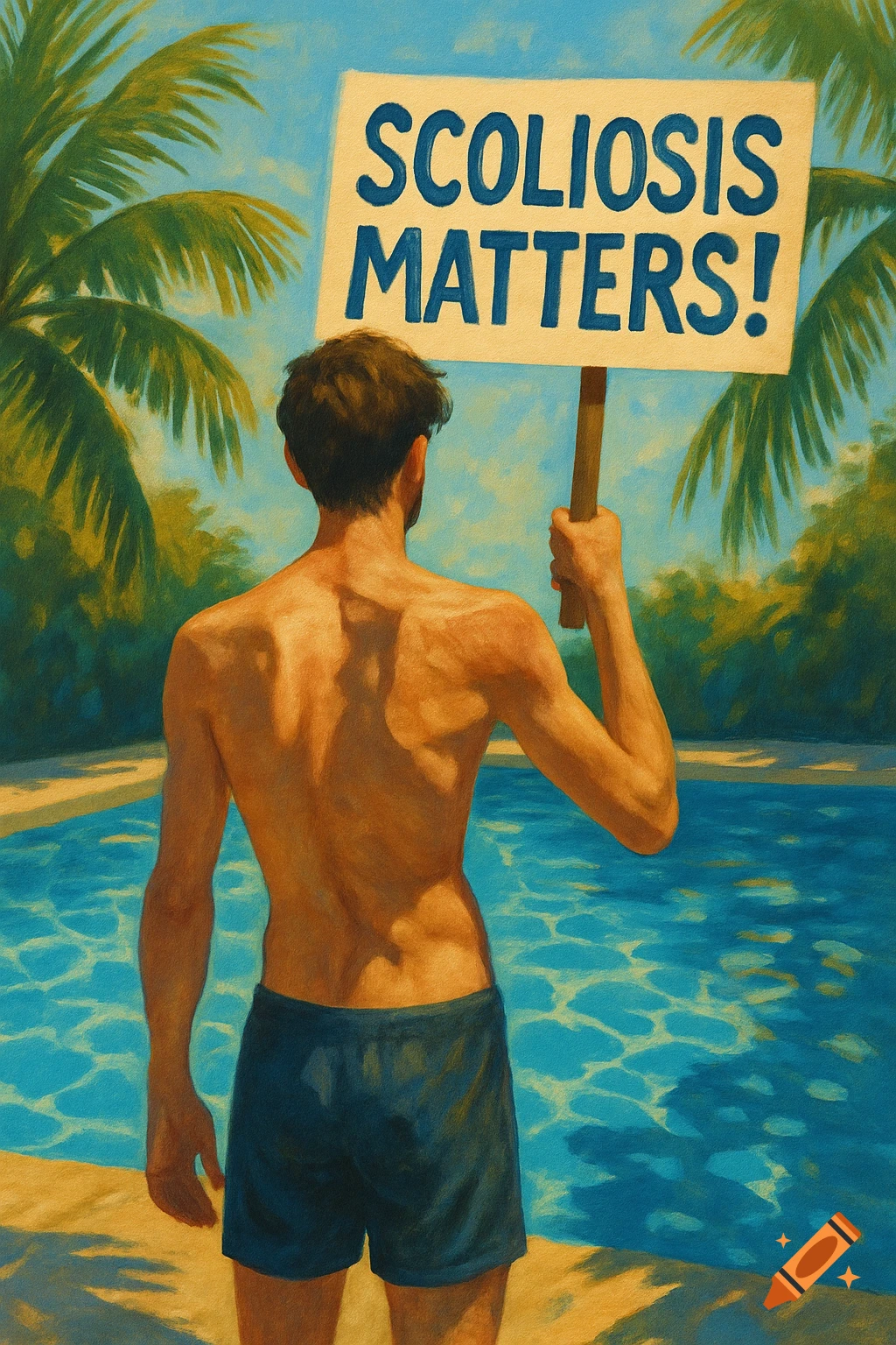 A man in swim trunks stands with his back to the viewer by a pool, holding a sign that reads 'SCOLIOSIS MATTERS!' in a painterly style.