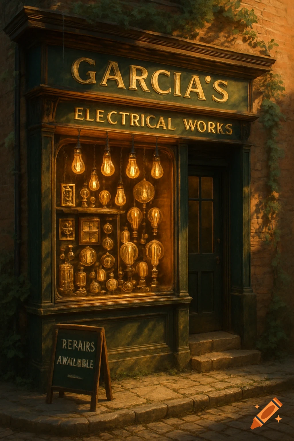 A vintage-style shopfront for 'Garcia's Electrical Works' with glowing light bulbs in the window display and an A-frame sign outside.