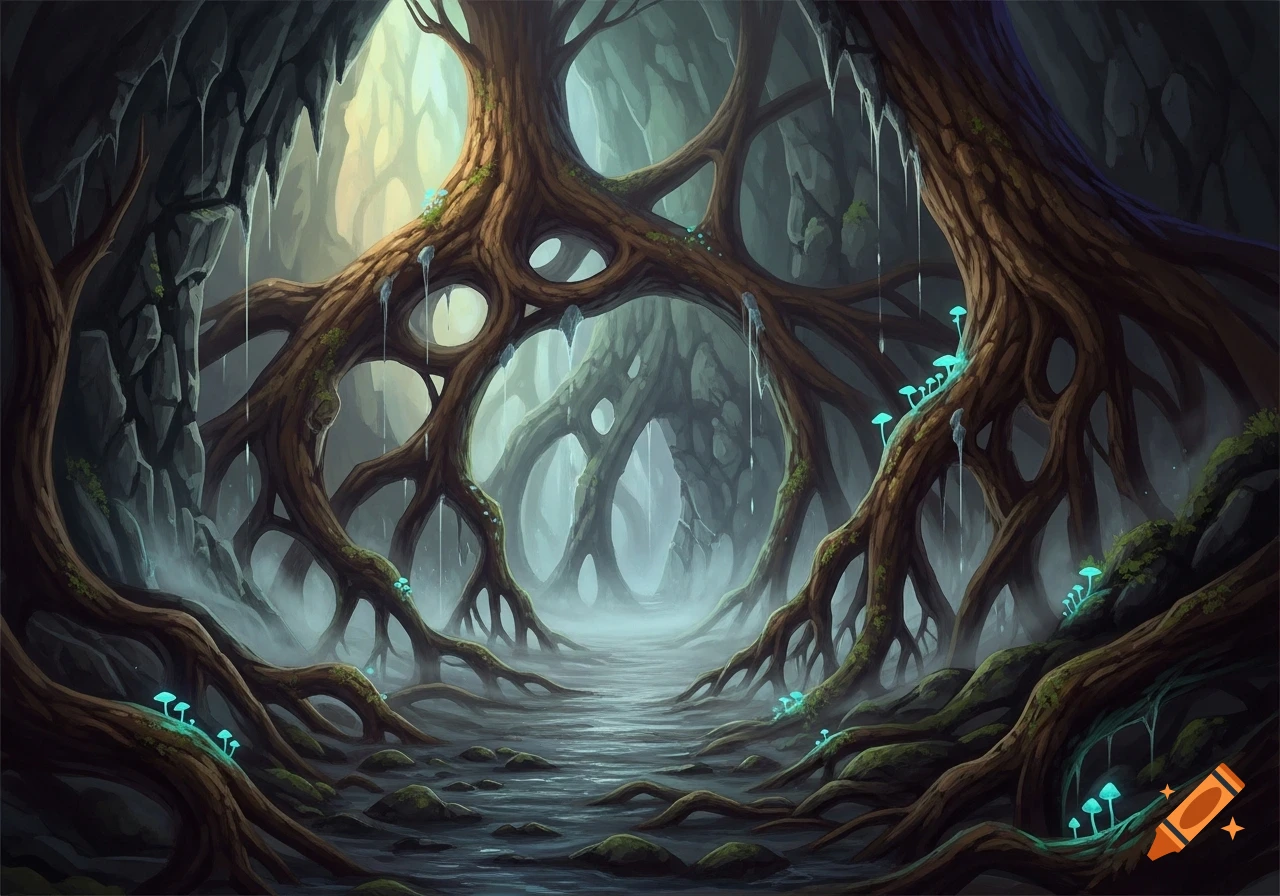 Fantasy art of a misty cave with intertwined tree roots, glowing blue mushrooms, and dripping icicles.