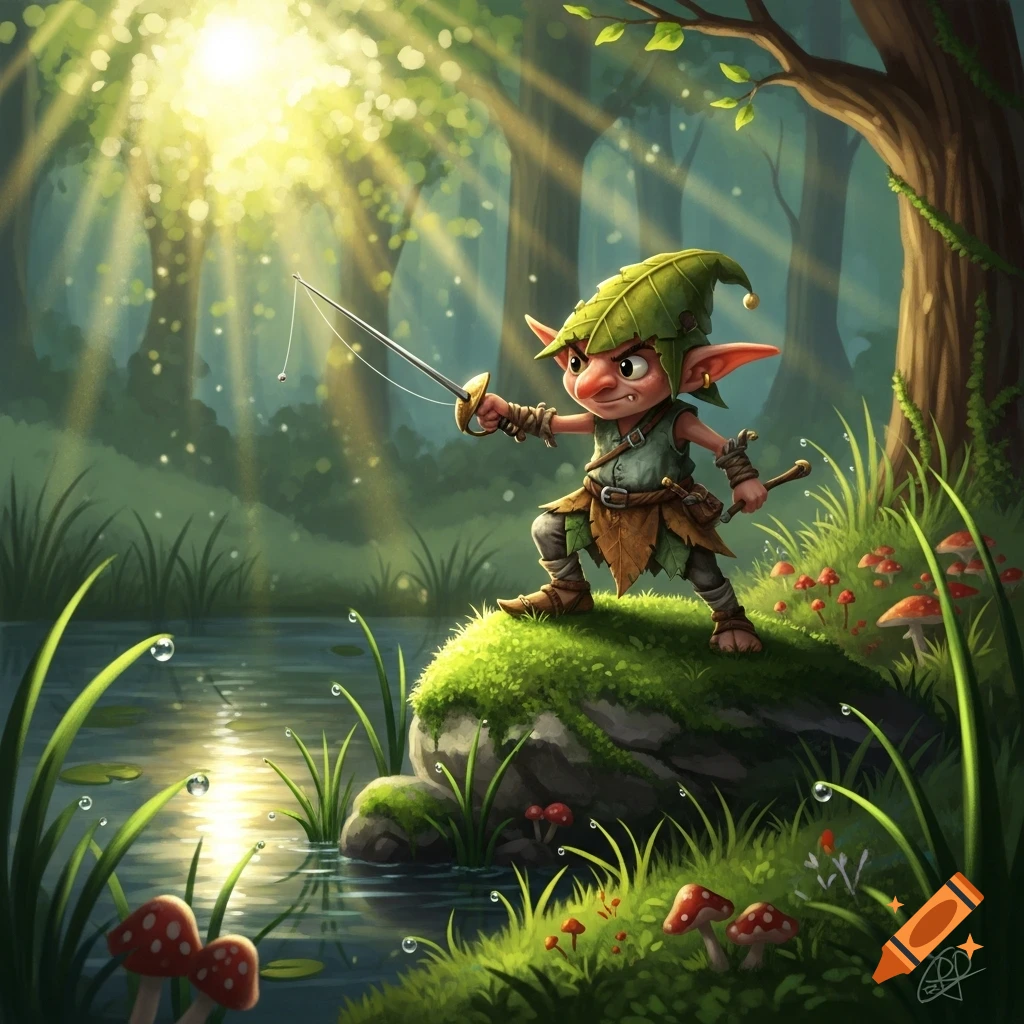 A grumpy goblin with a leaf hat stands on a mossy rock, holding a sewing needle rapier and fishing line over a pond in a sunny forest.