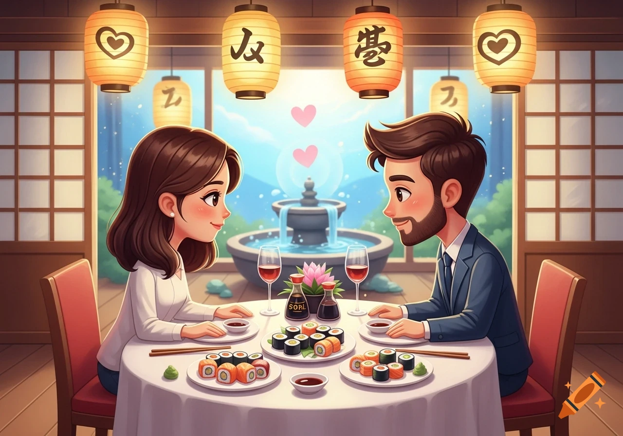 A cartoon couple gazes lovingly at each other over a sushi dinner and wine in a romantic restaurant with lanterns.
