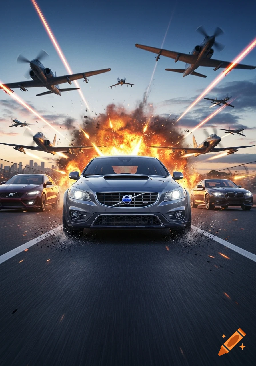 A grey Volvo car races forward on a road as multiple prop planes fly overhead, firing laser beams, with large explosions behind the car. Other cars are visible on the road.