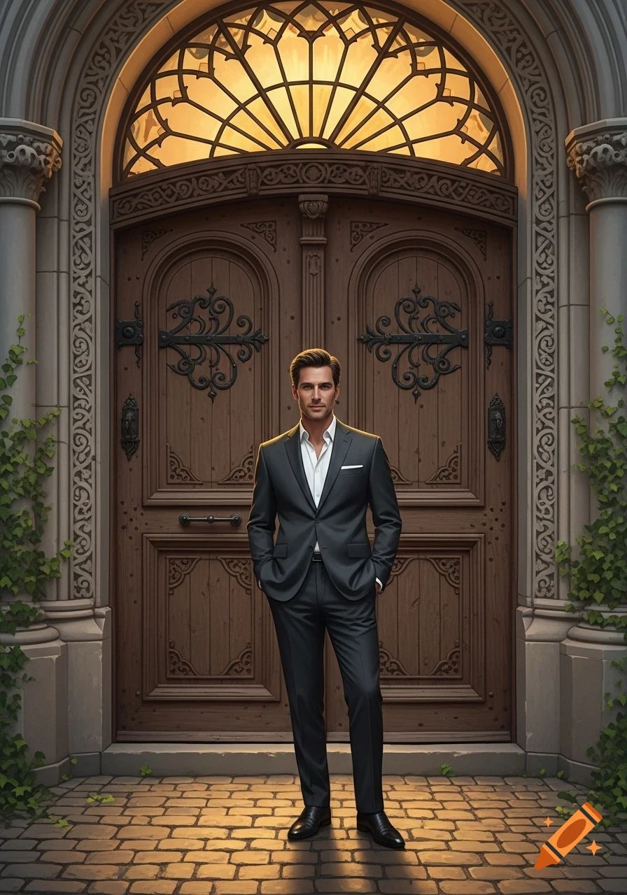 Handsome man in a dark suit stands confidently before a grand, ornate wooden door with an arched stained-glass window, photorealistic style.