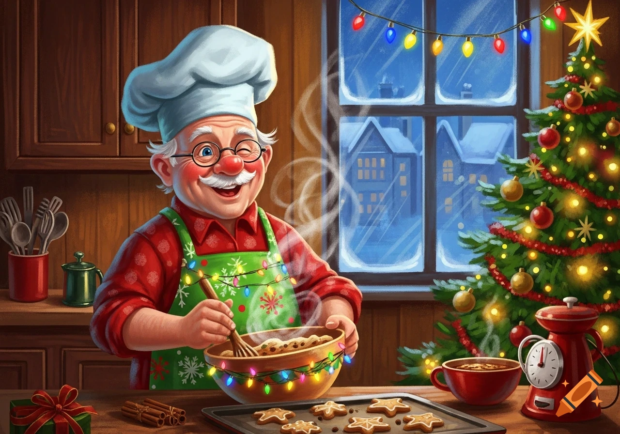 A cheerful, winking Santa-like chef bakes Christmas cookies in a festive kitchen with a snowy window and decorated tree, in an illustrative style.