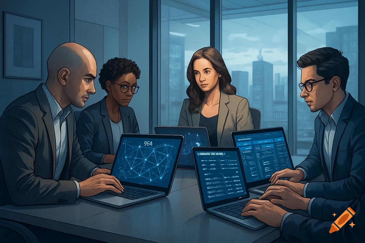 Illustration of a diverse business team working on laptops with digital interfaces during a meeting in a modern office.