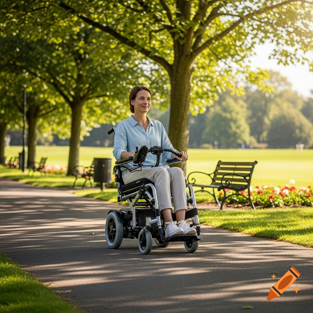 A woman operates a modern electric wheelchair on a paved path in a sunny park with trees and benches.
