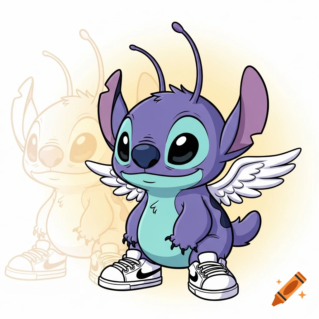 A purple and teal cartoon creature, resembling Stitch, wearing white sneakers with Nike logos and small white wings, stands in a vibrant style.