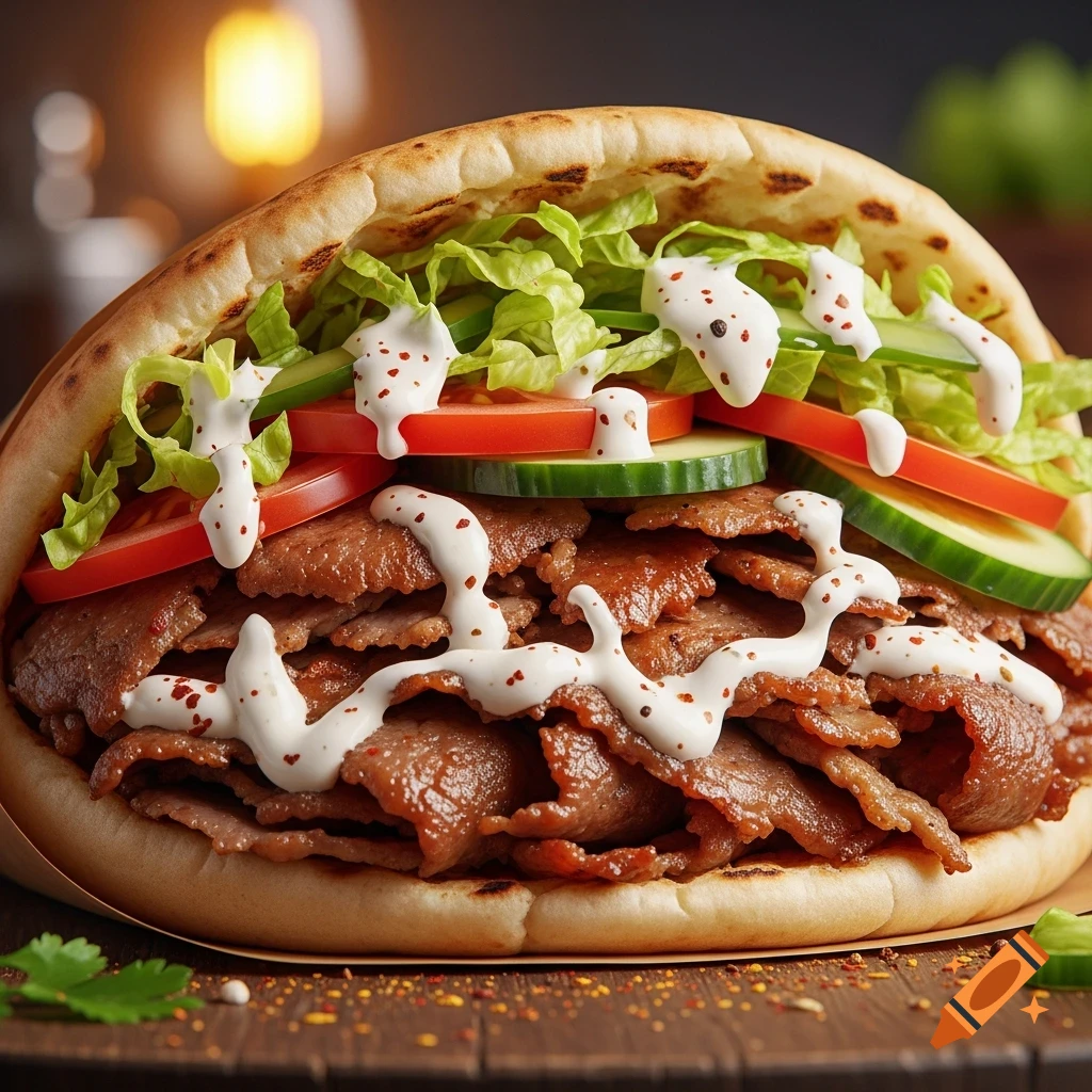 Close-up, photorealistic image of a Döner kebab filled with meat, lettuce, tomatoes, cucumbers, and white sauce, on a wooden table.