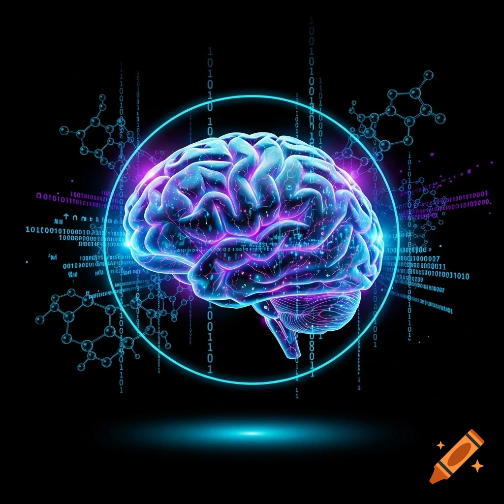 Glowing stylized brain with neon ring, binary code, and molecular structures on a black background.