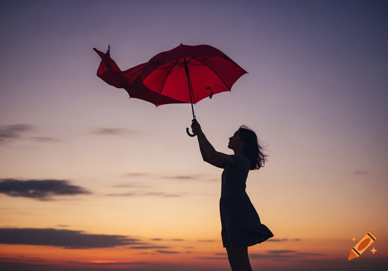 Silhouette of a woman holding an umbrella inverted by the wind against a colorful sunset sky.