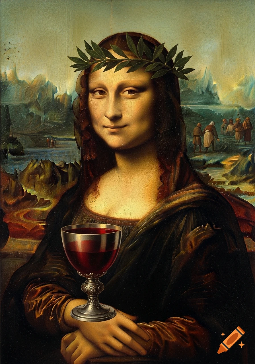Mona Lisa wearing a laurel wreath and holding a silver goblet filled with red wine, with pilgrims in a classic landscape background.