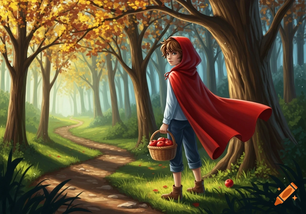 A boy in a red hooded cape carries a basket of apples, walking on a winding path through a bright, autumnal forest in a stylized illustration.