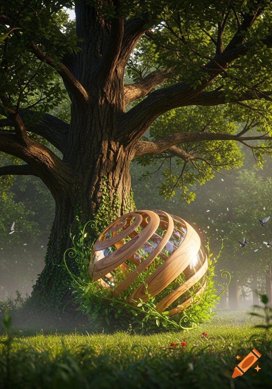 A giant gnarled oak tree in a sun-dappled forest, with a glowing, spiraling wooden sphere nestled at its base among green foliage.