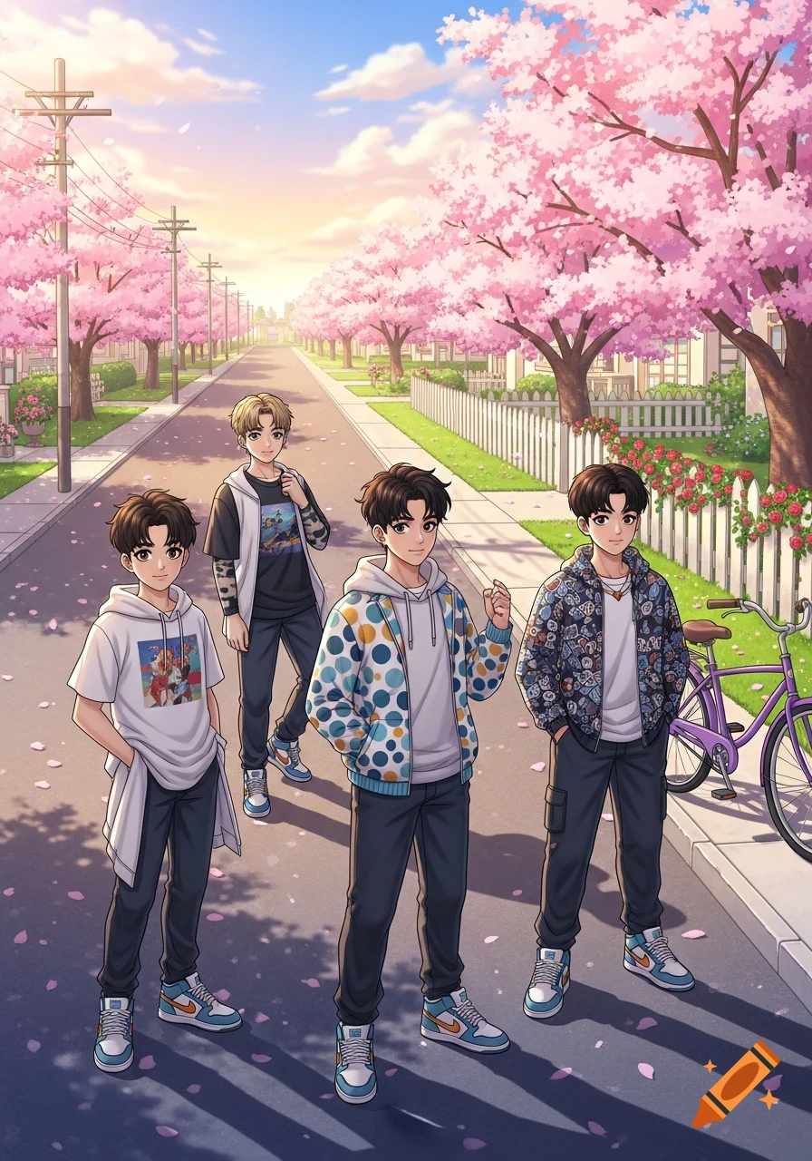 Four anime boys standing on a cherry blossom-lined street with pink petals falling. They wear casual streetwear, with a purple bicycle parked nearby.