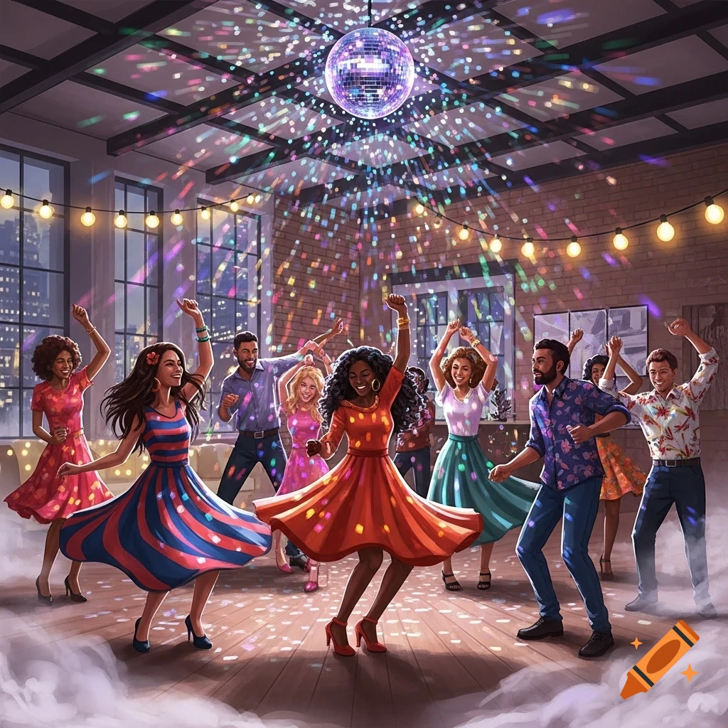 Diverse group of people dancing energetically under a disco ball and string lights at a vibrant party in a loft apartment.