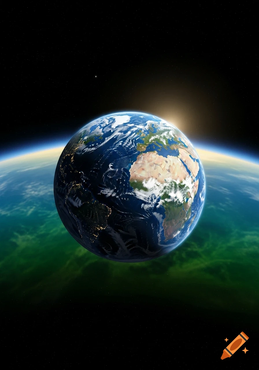 Photorealistic view of Earth from space, showing continents, clouds, city lights, and a sunrise glow on the horizon.