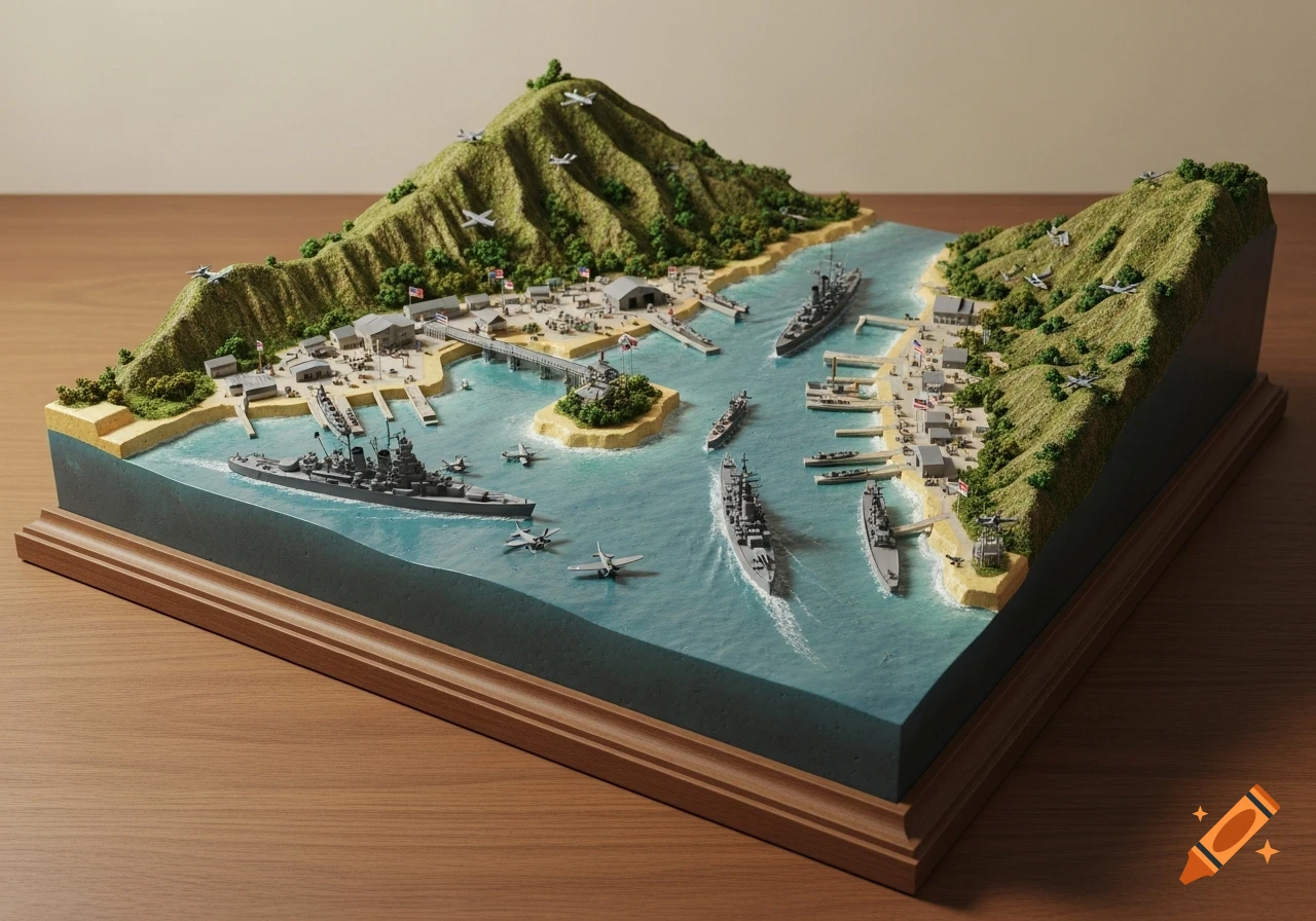 A detailed, photorealistic diorama of Pearl Harbor with miniature warships, aircraft, buildings, and green mountainous terrain.