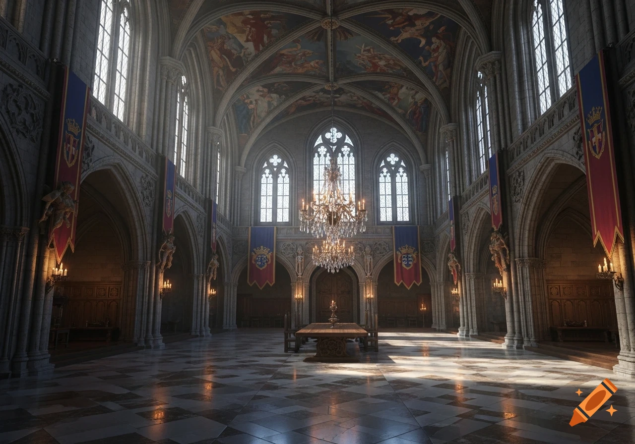 Grand castle hall with high vaulted ceilings, ornate windows, a crystal chandelier, and a checkered floor illuminated by sunlight.