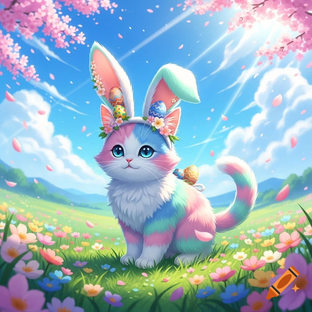 A cute, fluffy kitten with blue, pink, and white fur wears bunny ears and a flower crown, sitting in a field of colorful flowers under a bright blue sky.