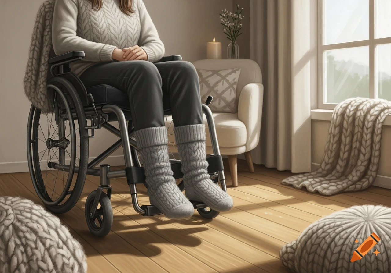 A woman in a grey sweater and thick knit socks sits in a wheelchair in a sunlit, cozy room with a window and knitted blankets.