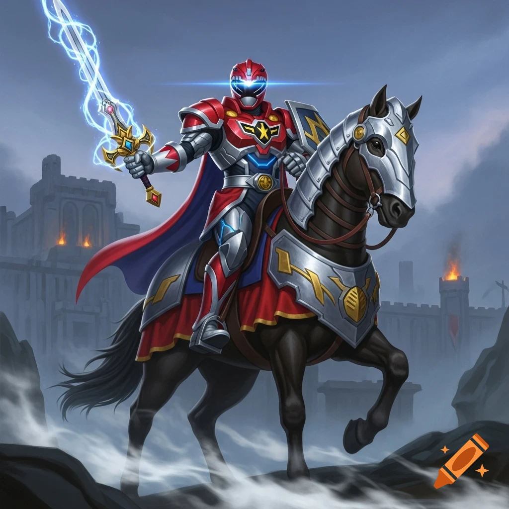 A red Power Ranger knight in futuristic armor rides an armored horse through a misty castle landscape, wielding an electric sword.