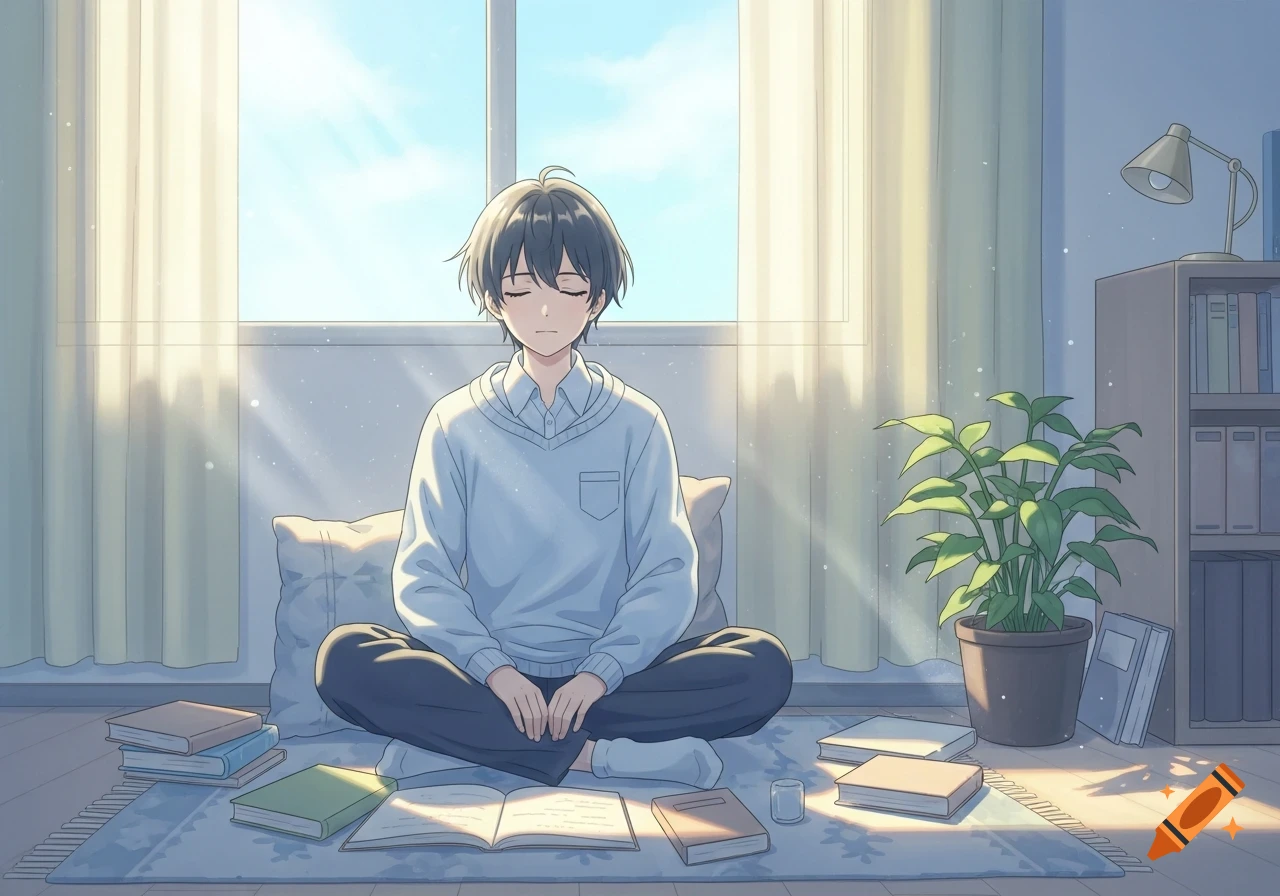 An anime student sits cross-legged with eyes closed in a sunlit room, surrounded by books and a plant, appearing to meditate.