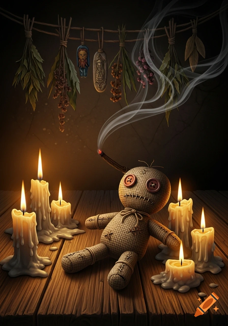 A creepy voodoo doll sits on a wooden table surrounded by lit candles, with smoke rising from its head, in an illustrative, dim candlelight setting.