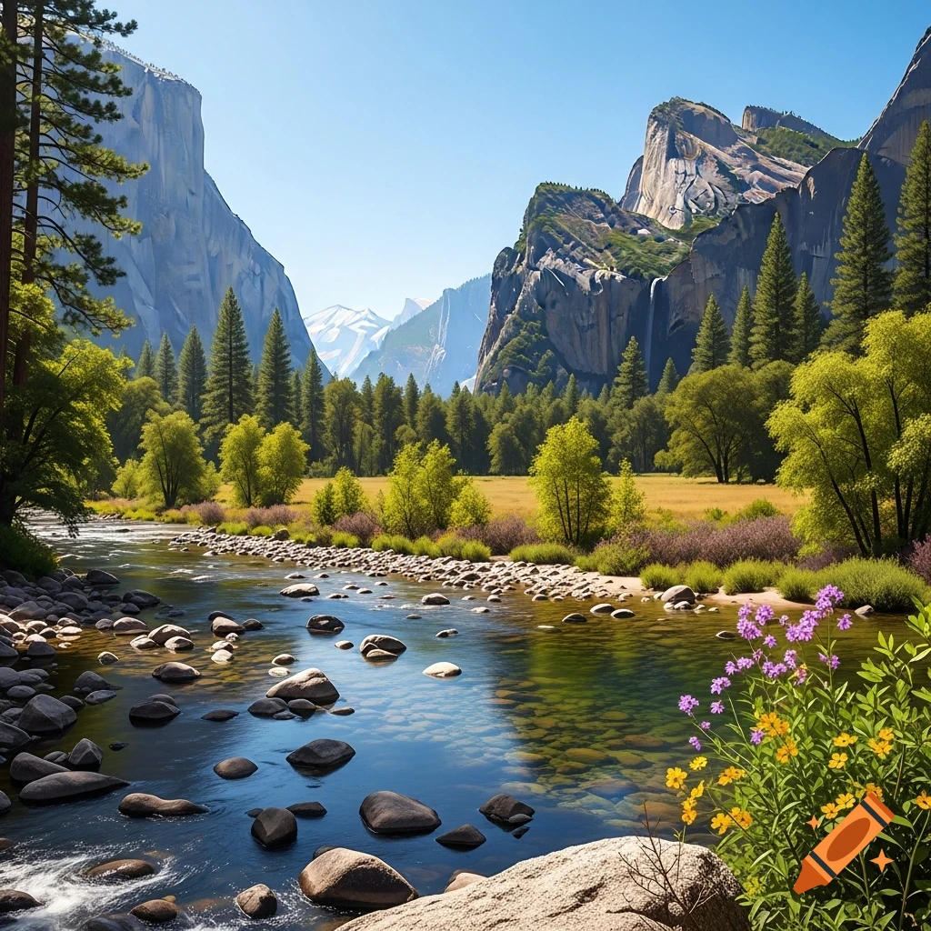 A photorealistic landscape of a clear river flowing through a valley, flanked by tall granite mountains, lush forests, and a sunlit meadow, with wildflowers in the foreground.
